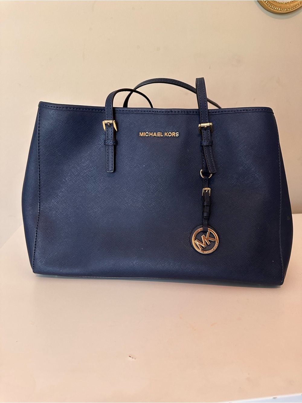 Michael Kors Navy Saffiano Tote with Gold Hardware